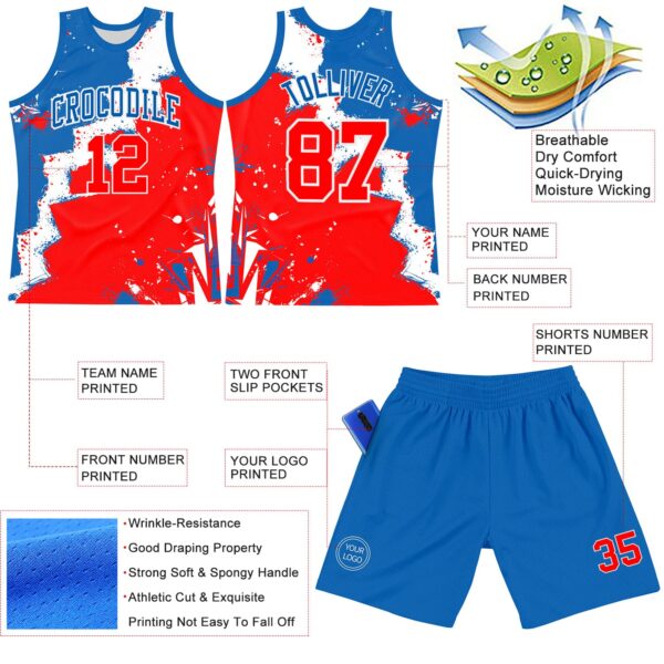 Custom Royal Red-White Splash Round Neck Sublimation Basketball Suit Jersey