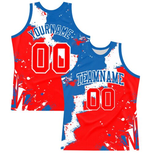BSuit0362 Custom Royal Red-White Splash Round Neck Sublimation Basketball Suit Jersey