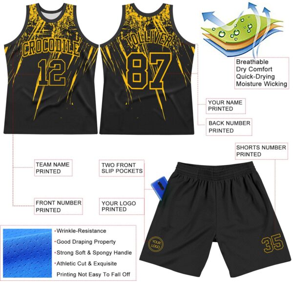 Custom Black Gold Splash Round Neck Sublimation Basketball Suit Jersey