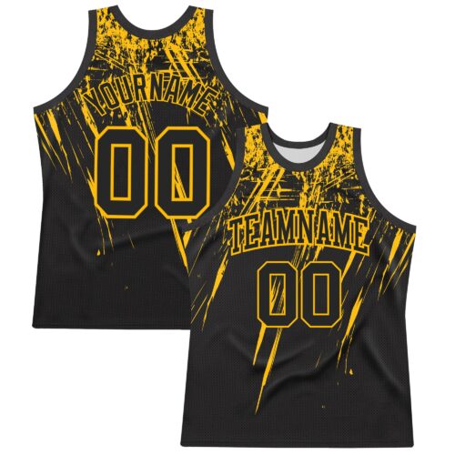 Custom Black Gold Splash Round Neck Sublimation Basketball Suit Jersey