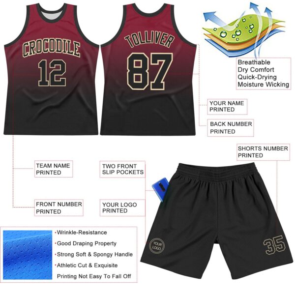 Custom Crimson Black-Cream Fade Fashion Round Neck Sublimation Basketball Suit Jersey