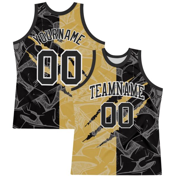 Custom Graffiti Pattern Black Old Gold-White Scratch Round Neck Sublimation Basketball Suit Jersey