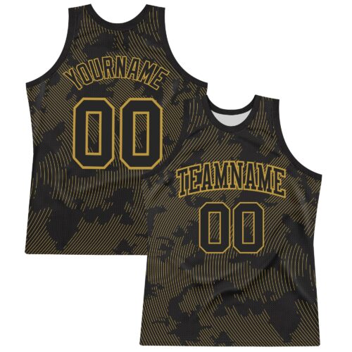 BSuit0368 Custom Black Old Gold Curve Lines Round Neck Sublimation Basketball Suit Jersey