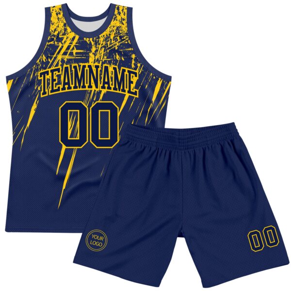 Custom Navy Yellow Splash Round Neck Sublimation Basketball Suit Jersey