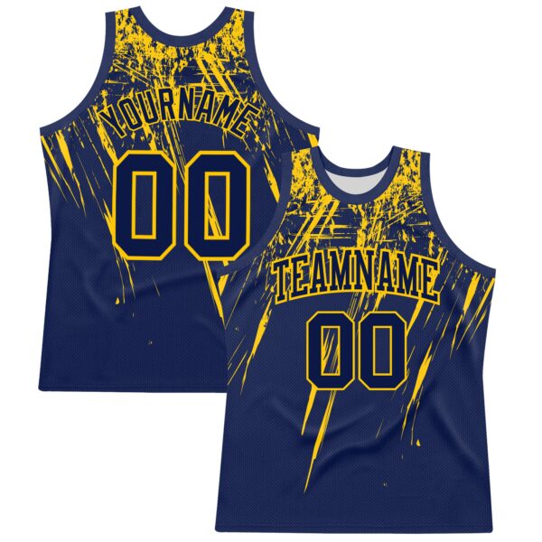 Custom Navy Yellow Splash Round Neck Sublimation Basketball Suit Jersey