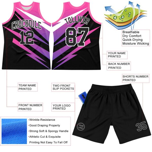 Custom Pink Black-White Line Round Neck Sublimation Basketball Suit Jersey