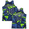 Custom Navy Neon Green-White Geometric Shape Round Neck Sublimation Basketball Suit Jersey