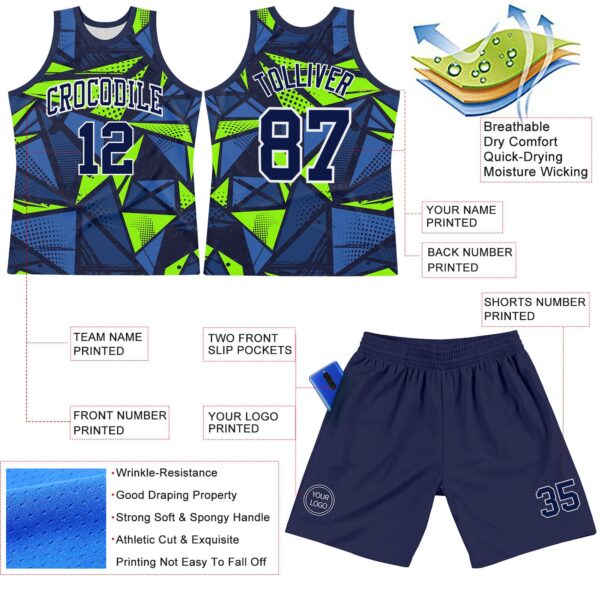 Custom Navy Neon Green-White Geometric Shape Round Neck Sublimation Basketball Suit Jersey