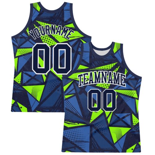 BSuit0373 Custom Navy Neon Green-White Geometric Shape Round Neck Sublimation Basketball Suit Jersey