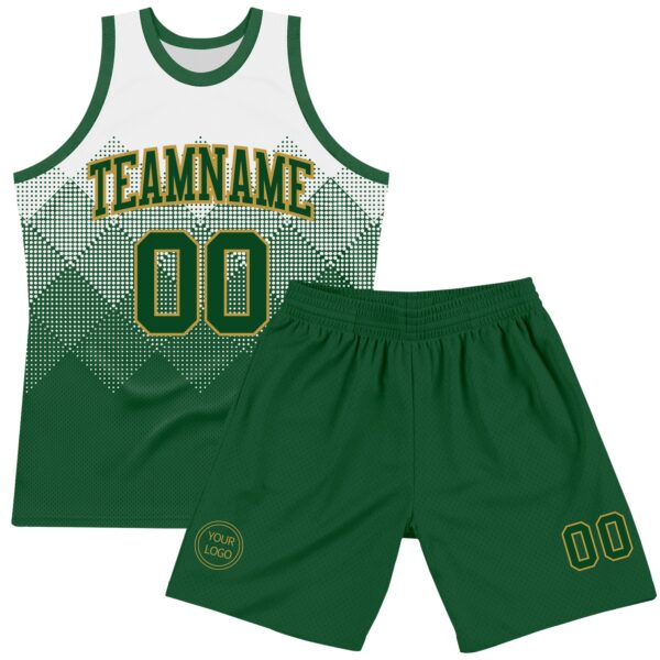 Custom White Green-Old Gold Gradient Square Shapes Round Neck Sublimation Basketball Suit Jersey