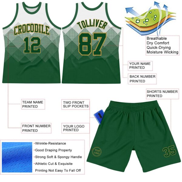 Custom White Green-Old Gold Gradient Square Shapes Round Neck Sublimation Basketball Suit Jersey