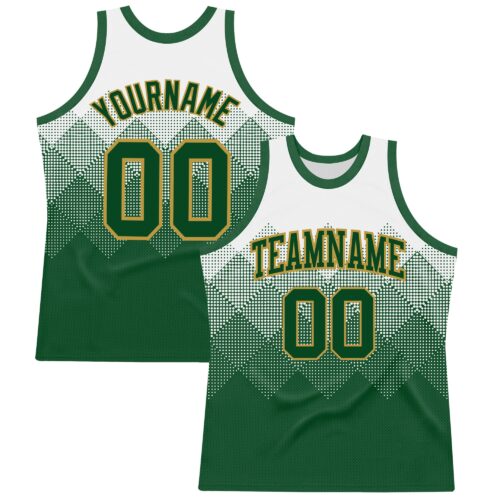 Custom White Green-Old Gold Gradient Square Shapes Round Neck Sublimation Basketball Suit Jersey
