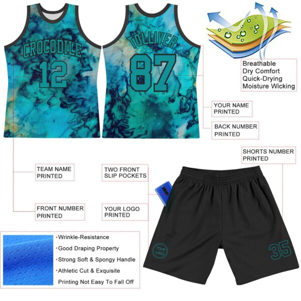 Custom Tie Dye Teal-Black Round Neck Sublimation Basketball Suit Jersey