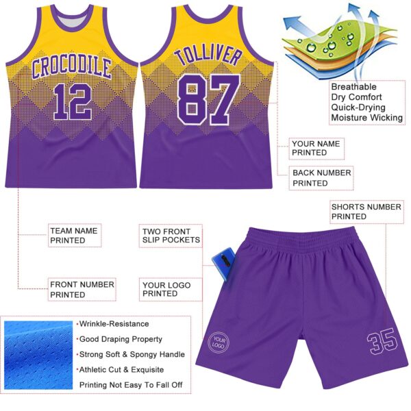 Custom Yellow Purple-White Gradient Square Shapes Round Neck Sublimation Basketball Suit Jersey