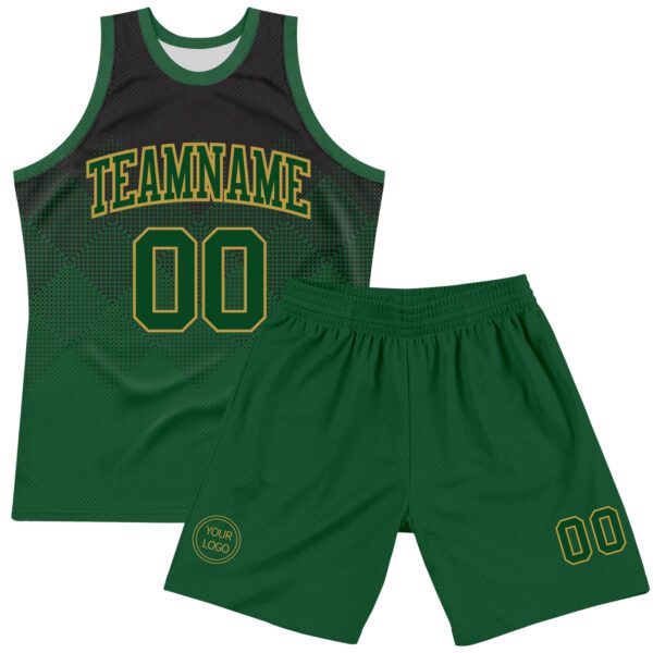Custom Black Green-Old Gold Fade Fashion Round Neck Sublimation Basketball Suit Jersey