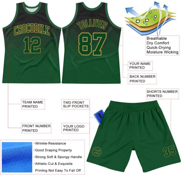 Custom Black Green-Old Gold Fade Fashion Round Neck Sublimation Basketball Suit Jersey