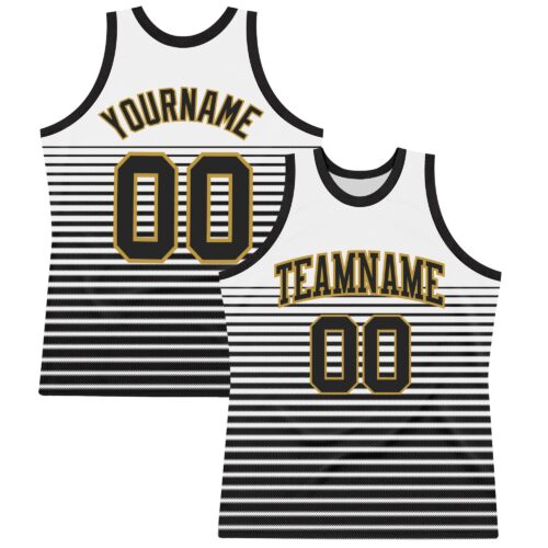 BSuit0381 Custom White Black-Old Gold Pinstripe Fade Fashion Round Neck Sublimation Basketball Suit Jersey
