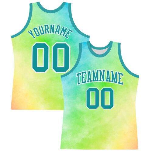 BSuit0382 Custom Tie Dye Teal-White Round Neck Sublimation Basketball Suit Jersey
