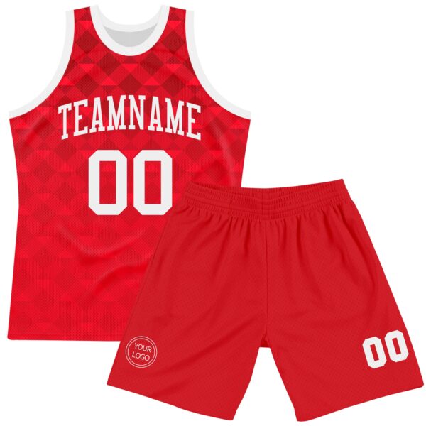 Custom Red White Geometric Shape Round Neck Sublimation Basketball Suit Jersey