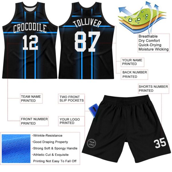 Custom Black White-Light Blue Line Round Neck Sublimation Basketball Suit Jersey
