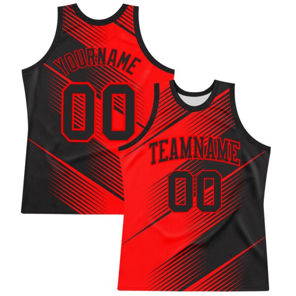 Custom Red Black Line Round Neck Sublimation Basketball Suit Jersey