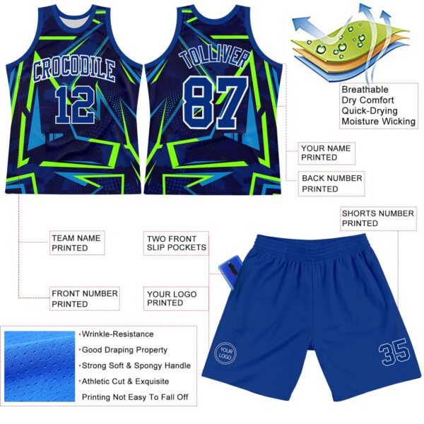 Custom Royal Neon Green-White Geometric Shape Round Neck Sublimation Basketball Suit Jersey