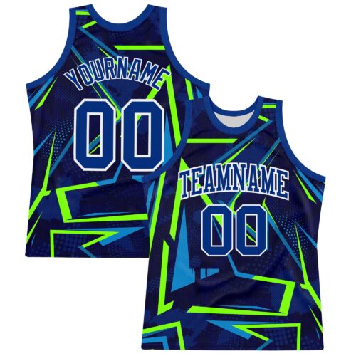 BSuit0389 Custom Royal Neon Green-White Geometric Shape Round Neck Sublimation Basketball Suit Jersey