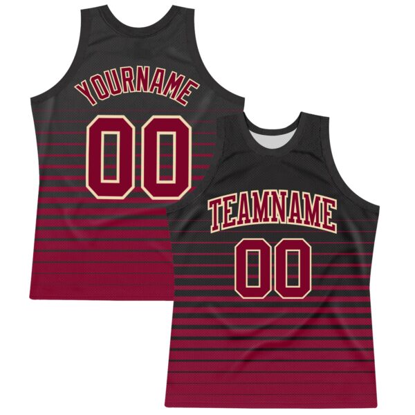 Custom Black Maroon-Cream Pinstripe Fade Fashion Round Neck Sublimation Basketball Suit Jersey