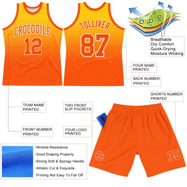 Custom Yellow Orange-White Fade Fashion Round Neck Sublimation Basketball Suit Jersey