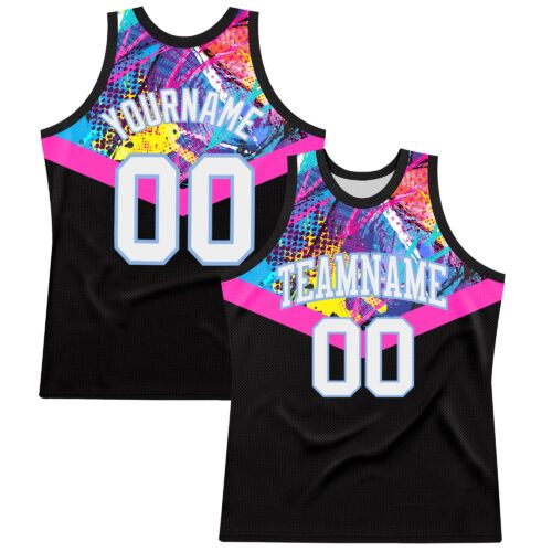 BSuit0393 Custom Black White Pink-Light Blue Splash Round Neck Sublimation Basketball Suit Jersey