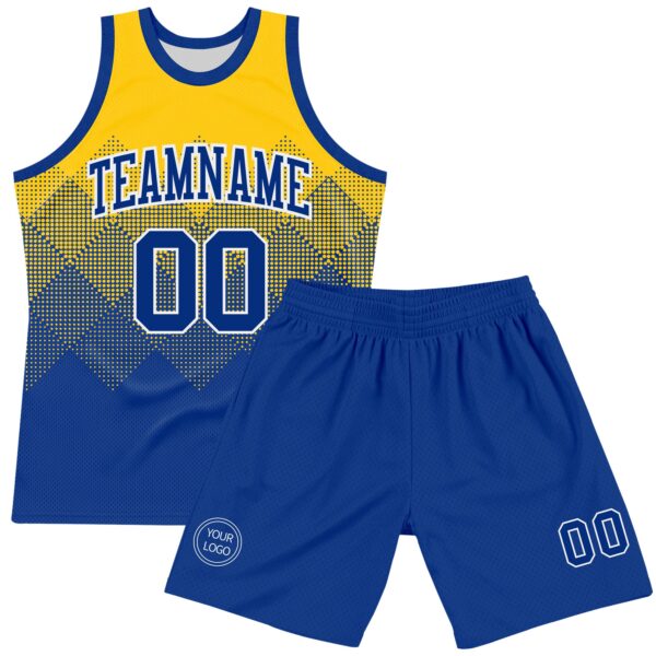 Custom Yellow Royal-White Gradient Square Shapes Round Neck Sublimation Basketball Suit Jersey