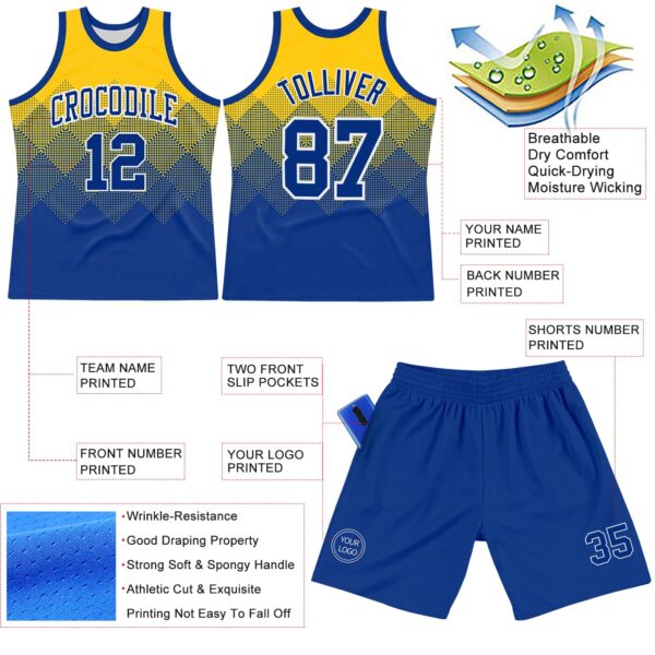 Custom Yellow Royal-White Gradient Square Shapes Round Neck Sublimation Basketball Suit Jersey