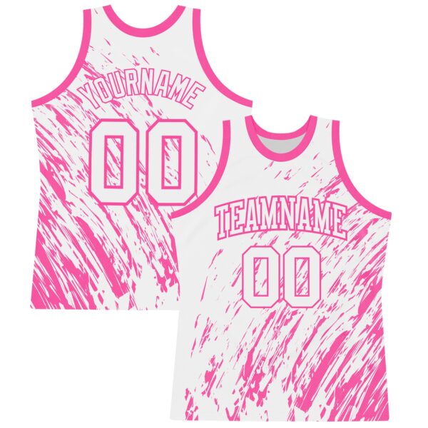 Custom White Pink Splash Round Neck Sublimation Basketball Suit Jersey
