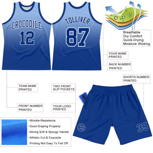 Custom Light Blue Royal-White Fade Fashion Round Neck Sublimation Basketball Suit Jersey
