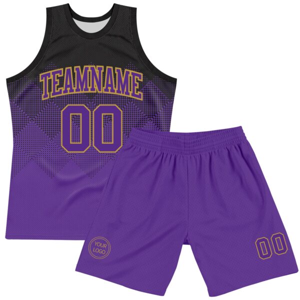 Custom Black Purple-Old Gold Fade Fashion Round Neck Sublimation Basketball Suit Jersey
