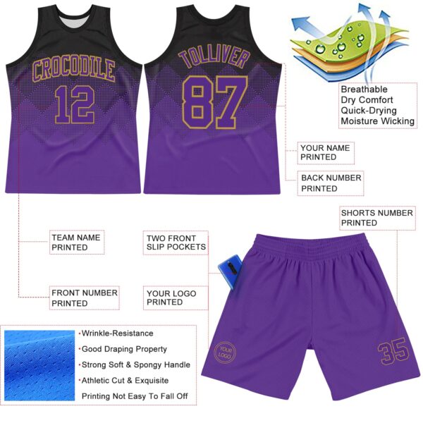 Custom Black Purple-Old Gold Fade Fashion Round Neck Sublimation Basketball Suit Jersey