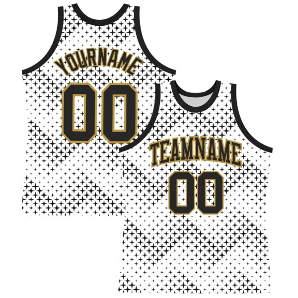 Custom White Black-Old Gold Geometric Shape Round Neck Sublimation Basketball Suit Jersey