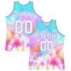 Custom Tie Dye White-Light Blue Round Neck Sublimation Basketball Suit Jersey