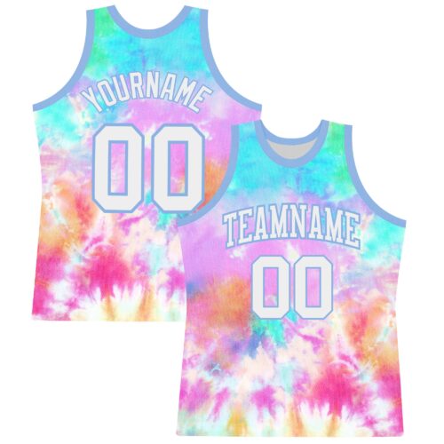 BSuit0400 Custom Tie Dye White-Light Blue Round Neck Sublimation Basketball Suit Jersey
