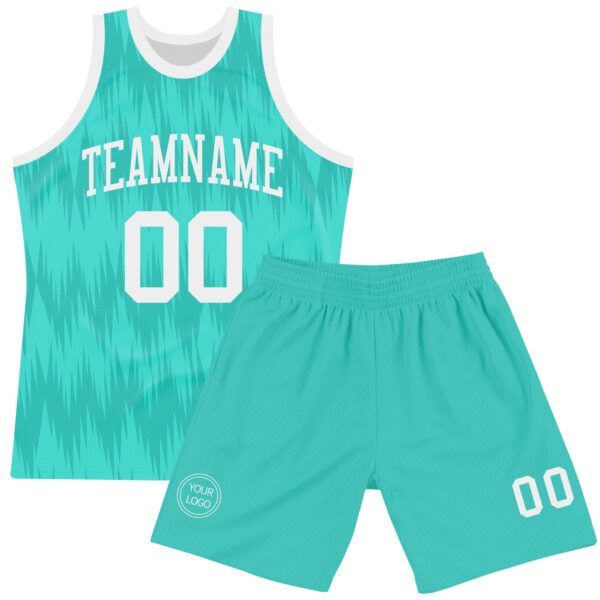 Custom Aqua White Wave Round Neck Sublimation Basketball Suit Jersey