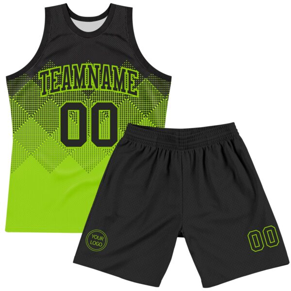 Custom Black Neon Green Gradient Square Shapes Round Neck Sublimation Basketball Suit Jersey