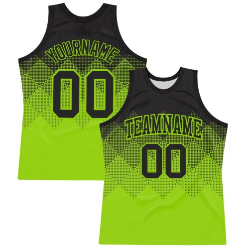 BSuit0405 Custom Black Neon Green Gradient Square Shapes Round Neck Sublimation Basketball Suit Jersey