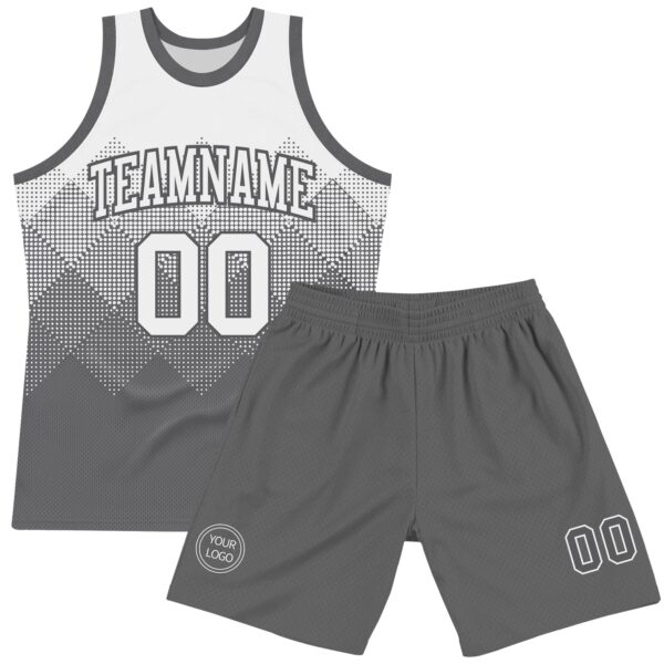 Custom White Steel Gray Gradient Square Shapes Round Neck Sublimation Basketball Suit Jersey