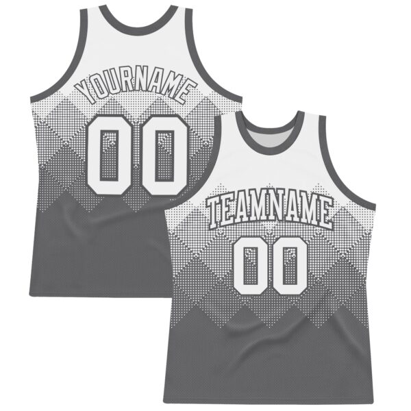 Custom White Steel Gray Gradient Square Shapes Round Neck Sublimation Basketball Suit Jersey