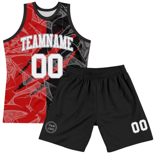 Custom Graffiti Pattern White Black Red-Gray Scratch Round Neck Sublimation Basketball Suit Jersey
