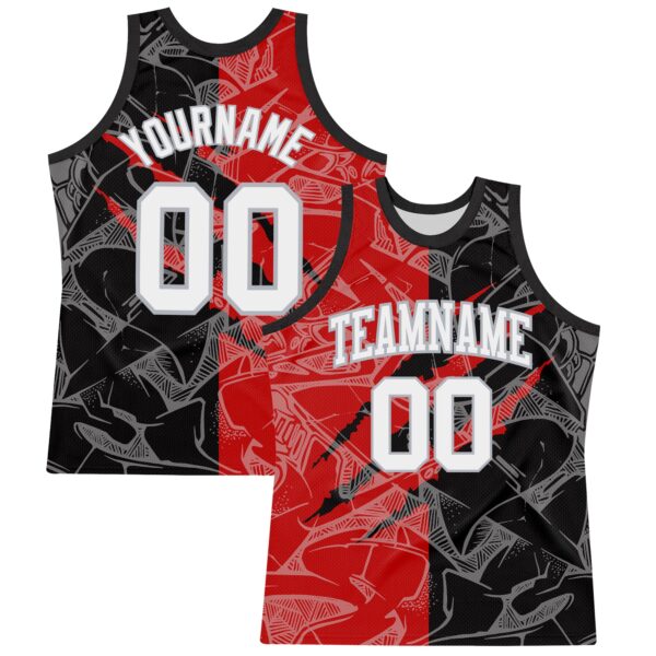 Custom Graffiti Pattern White Black Red-Gray Scratch Round Neck Sublimation Basketball Suit Jersey