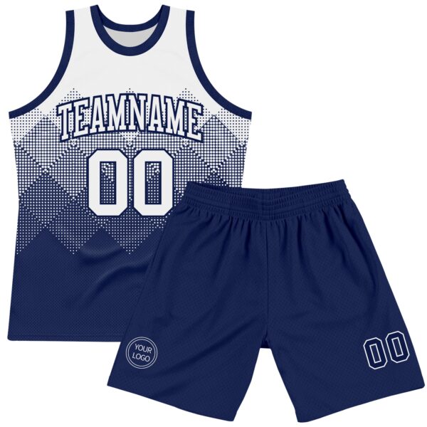 Custom White Navy Gradient Square Shapes Round Neck Sublimation Basketball Suit Jersey