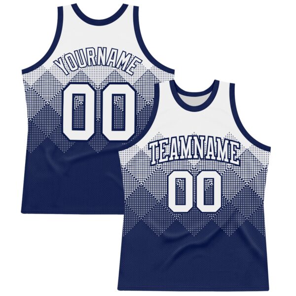 Custom White Navy Gradient Square Shapes Round Neck Sublimation Basketball Suit Jersey