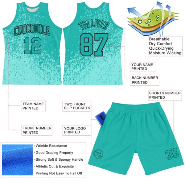 Custom Aqua Black Fragment Art Round Neck Sublimation Basketball Suit Jersey