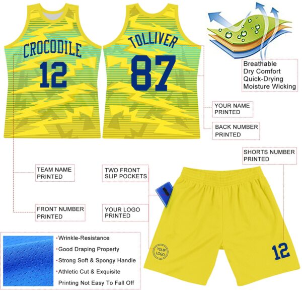 Custom Gold Royal-Light Blue Line Round Neck Sublimation Basketball Suit Jersey